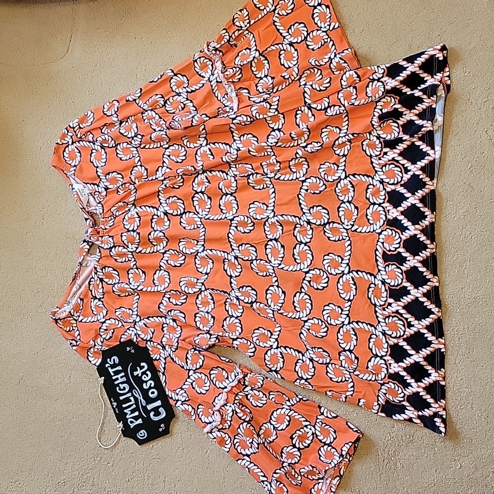 Crown & Ivy Top Large Rope Pattern Orange Blue White Tulip Sleeve